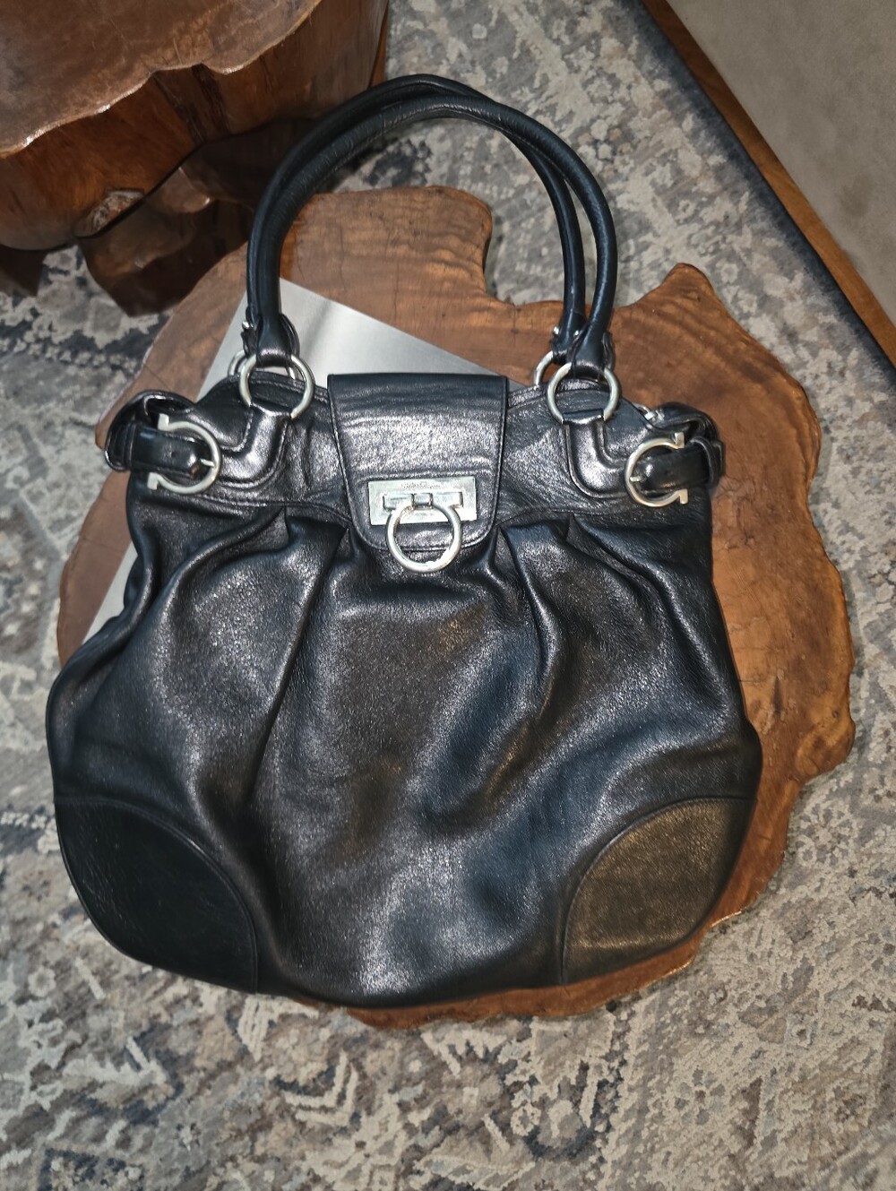 Salvatore Ferragamo Black Leather Ring-Accent Shoulder Bag - Picture 7 of 10